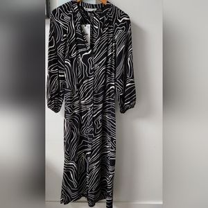 Zara Printed Midi Dress, Black and Cream, Size US M